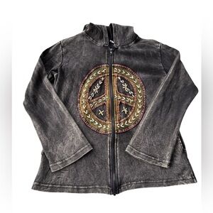 Vintage Y2K Embroidered Peace Sign Full-Zip Hoodie Large Cotton Hippie Grunge